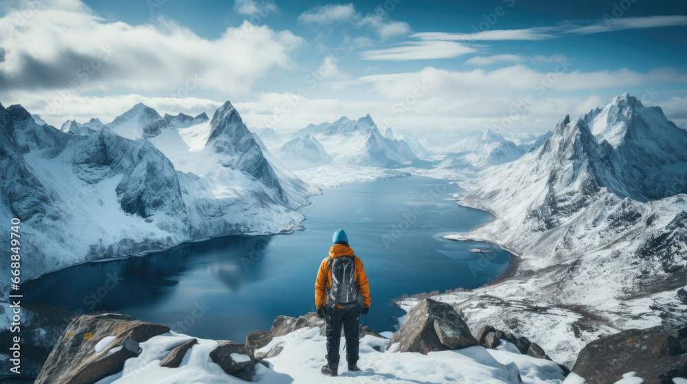 Fototapeta premium Hiker on the top of a mountain looking at the beautiful landscape.