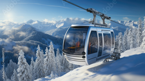 Cable car in the winter mountains. Dolomites of Colfosco, Val di Fassa, Trentino Alto Adige region, Italy. photo