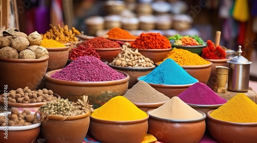 Colorful spices in bowls at the market in India, Asia.