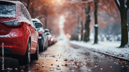 Cars parked in a row on a snowy street in winter.