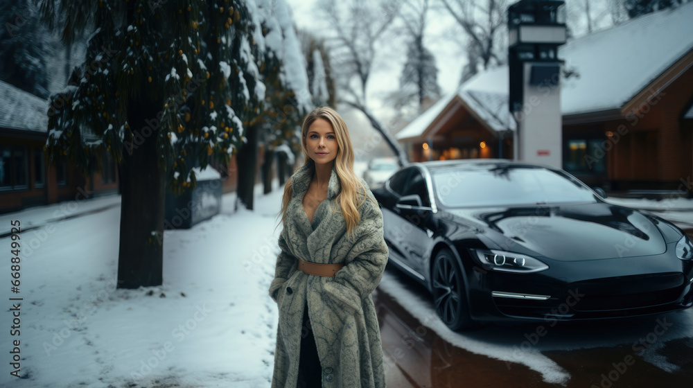 Elegant blonde woman in gray fur coat on the street in winter, against luxury black car.