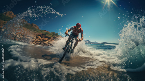 Cyclist riding the mountain bike on the waves on the beach.