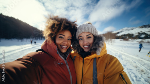 Two young african american women taking a selfie on the frozen lake.
