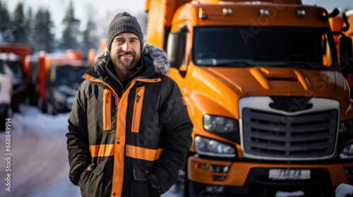 Portrait of a bearded man driver worker in a winter jacket standing in front of a big truck. photo