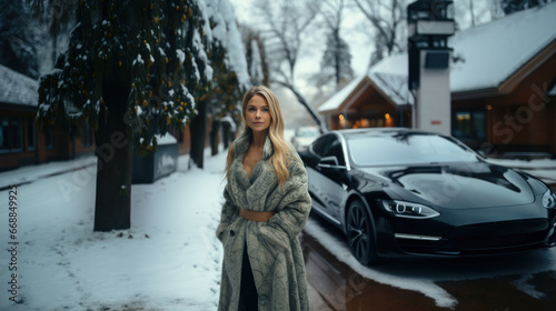 Elegant blonde woman in gray fur coat on the street in winter, against luxury black car. photo