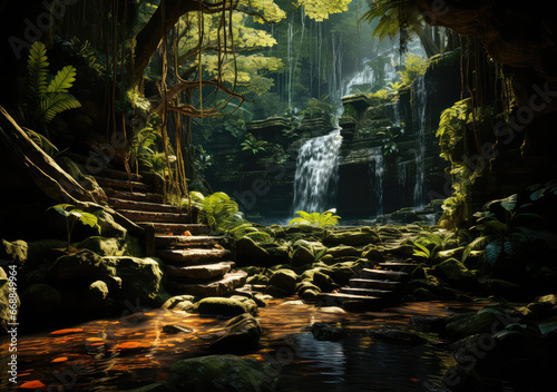 A Waterfall in Tropical Jungle Poster  Capturing the Lush Serenity and Flowing Elixir of Nature s Secluded Retreat  Crafted by Generative AI