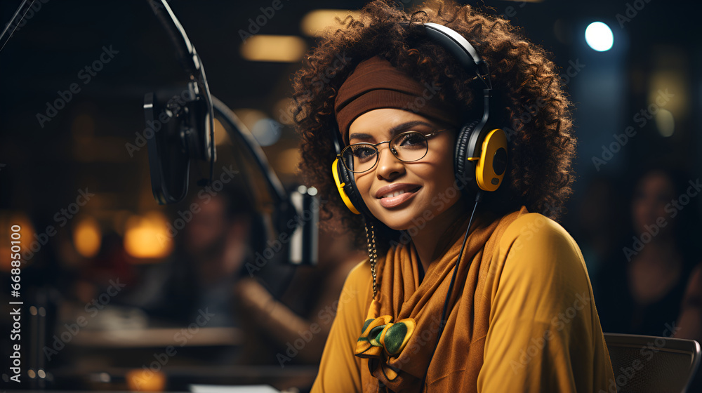 African woman fashionably dressed in headphones with a microphone talks with listeners in a broadcast studio with copy space. Online consultations on social networks, training - obrazy, fototapety, plakaty 