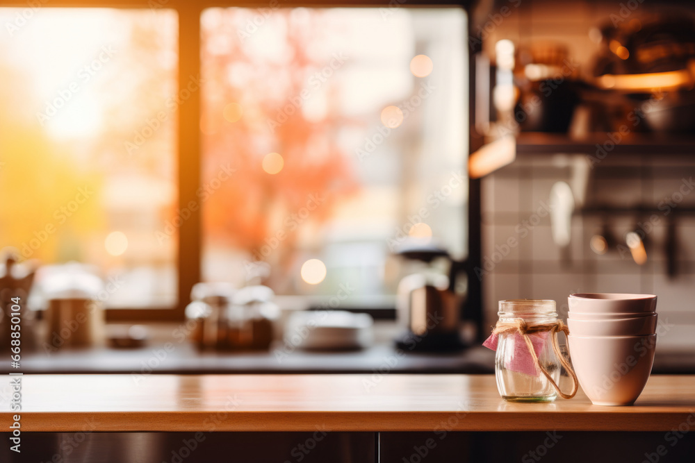 Empty wooden table and blurred kitchen background Empty wooden table and blurred kitchen background