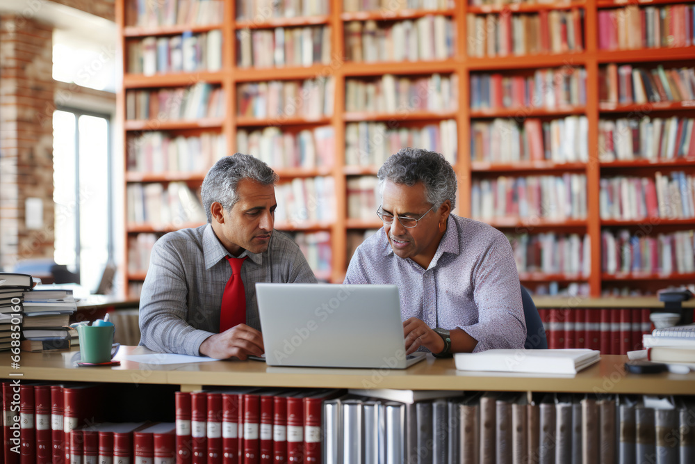Two business people using a laptop together in the office against the background of bookshelves Two business people using a laptop together in the office against the background of bookshelves