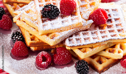 Sinnesrausch auf dem Teller: Knusprige Waffeln mit zartem Puderzucker, saftigen roten Himbeeren und dunklen Geheimnissen – ein verlockender Start in den Tag! photo