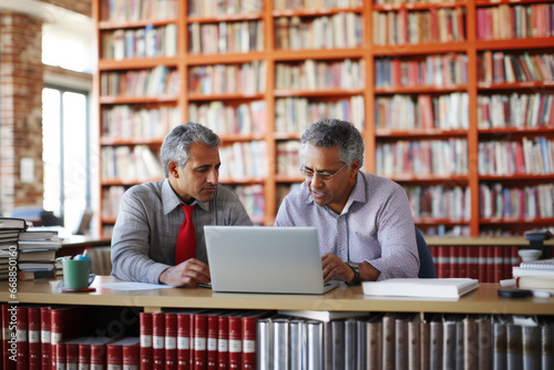 Two business people using a laptop together in the office against the background of bookshelves