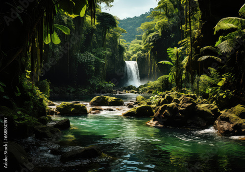 A Waterfall in Tropical Jungle Poster  Capturing the Lush Serenity and Flowing Elixir of Nature s Secluded Retreat  Crafted by Generative AI