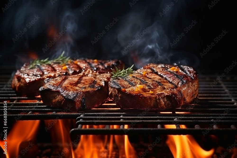 Grilled Meat Steak on Stainless Grill Depot with Flames on Dark Background - Created with generative AI tools