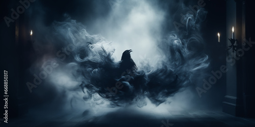 Mysterious fantasy ghost raven coming out of the smoke