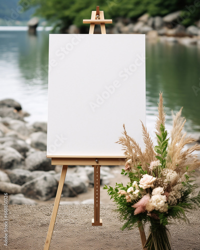 Empty poster on easel on wedding ceremony boho style