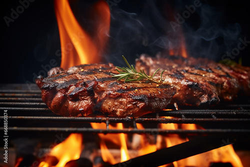 Grilled Meat Steak on Stainless Grill Depot with Flames on Dark Background - Created with generative AI tools