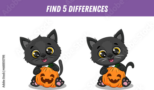  Find five differences between two pictures of cute black cat. Cute kitten and pumpkin. Halloween card. Activity page. Vector

