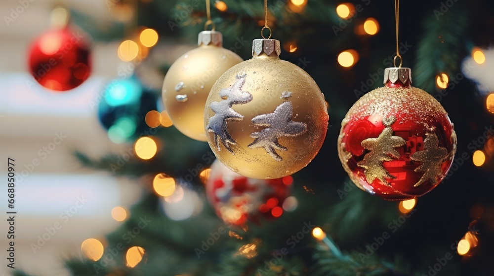 Detailed view of festive Christmas ornaments hanging from a beautifully adorned tree Detailed view of festive Christmas ornaments hanging from a beautifully adorned tree