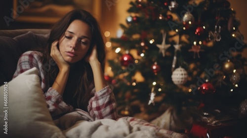Depressed Woman in Pajamas Spending Christmas Alone on the Sofa, Feeling Sad and Frustrated