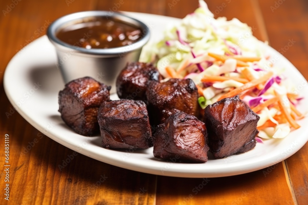 bbq burnt ends paired with a side of coleslaw