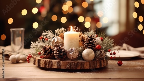 Eco-Friendly Christmas Table Centerpiece with Wood Sleigh, Candles, Lobes & Cones for  Holiday Arrangements with Red & Green Decor.