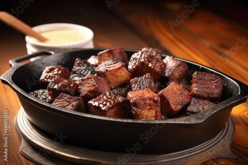 burnt ends in a rustic stoneware dish