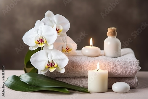 Towel  Orchid Flowers  Bamboo Leaf  and Cosmetics - Created with generative AI toolsTowel  Orchid Flowers  Bamboo Leaf  and Cosmetics - Created with generative AI tools