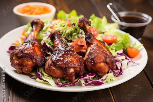 bbq chicken drumsticks on skewers over a plate of salad