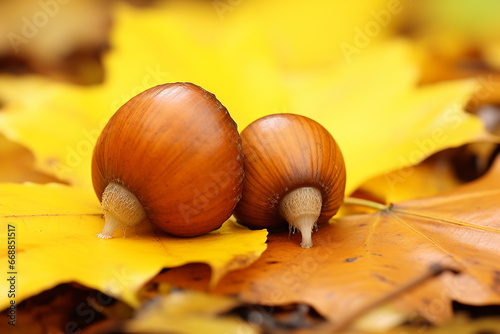 Two Acorns on a Yellow Autumn Leaf - Created with generative AI tools