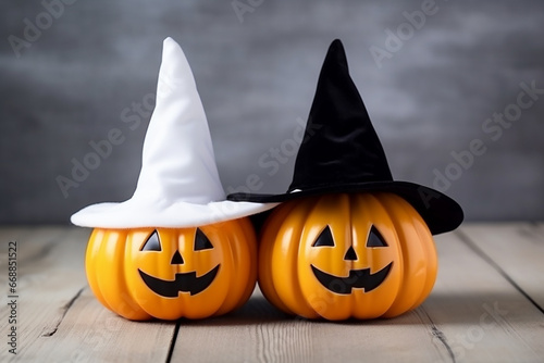 White and Yellow Ghost Pumpkins with Witch Hat on White Wooden Board Background with Bat - Created with generative AI tools