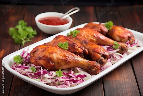 a platter of bbq chicken drumsticks with a side of slaw