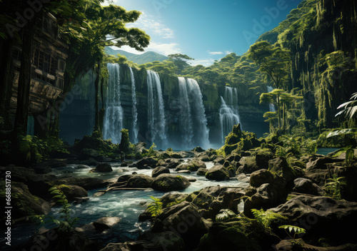 A Waterfall in Tropical Jungle Poster  Capturing the Lush Serenity and Flowing Elixir of Nature s Secluded Retreat  Crafted by Generative AI