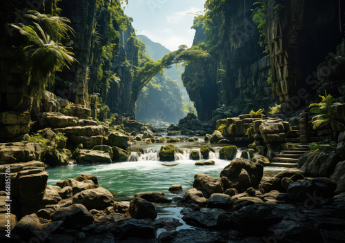 A Waterfall in Tropical Jungle Poster, Capturing the Lush Serenity and Flowing Elixir of Nature's Secluded Retreat, Crafted by Generative AI