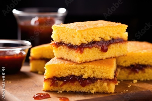 bbq cornbread cut and stacked like sandwiches photo