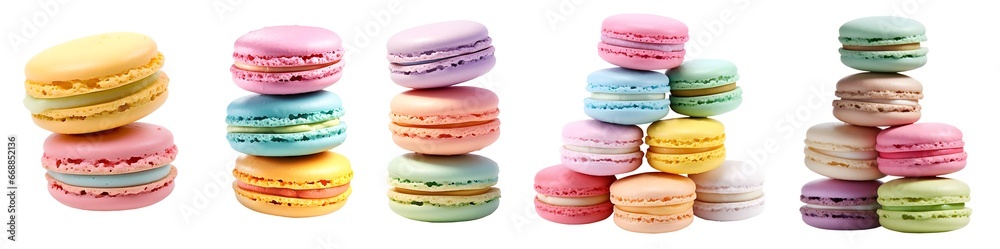 Macaroon Macaron, Pastel collection, group stack tower front view on transparent background cutout, PNG file. Many assorted different colours. Mockup template for artwork Macaroon Macaron, Pastel collection, group stack tower front view on transparent background cutout, PNG file. Many assorted different colours. Mockup template for artwork