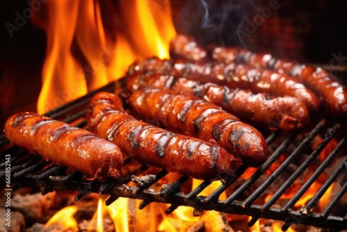 a bunch of sausages on a grill with flames beneath