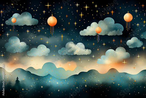Seamless watercolor pattern in boho style with small stars, clouds and balloons at night sky. Gouache, paper texture. © Katerina Bond