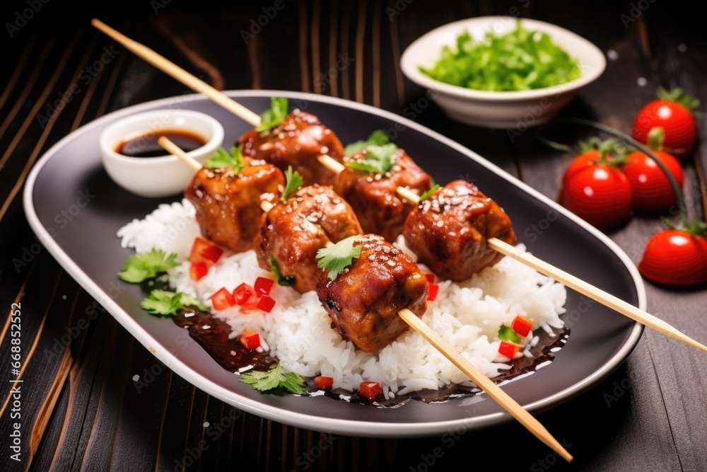 meatball skewers served with steamed rice