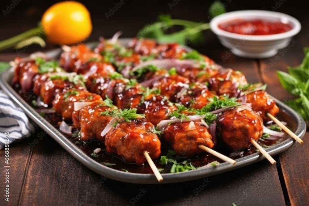 bbq meatball skewers on stone plate with garnish