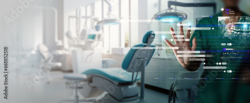 Dentist interacting with patient, use VR computer filling out charts schedule management for treatment with Ai technology for innovate different treatments,dental practices specifically.