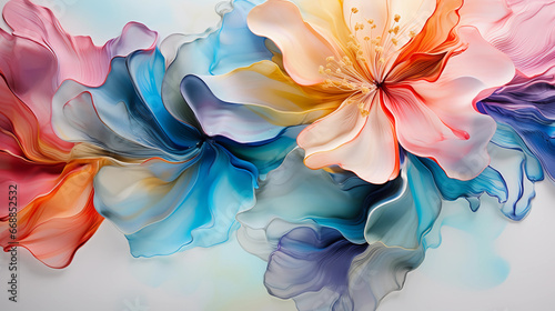 Fluid abstract expressionism, blooming flowers, Aesthetics colorful floral inspirational tenderness illustration, oil paint, Wall decoration photo, Generated AI.
