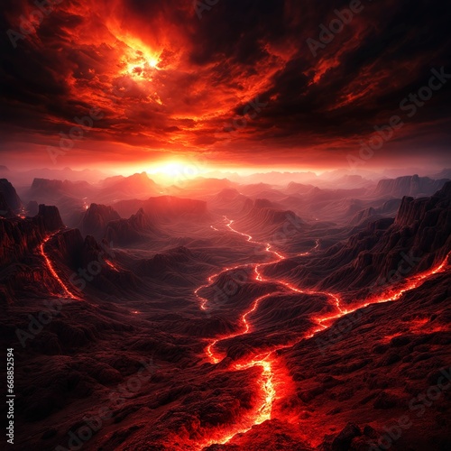 Molten Lava River Flowing Through Volcanic Landscape