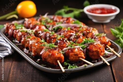 bbq meatball skewers on stone plate with garnish