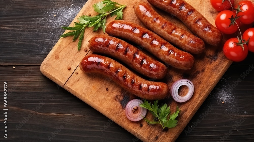 Grilled sausages on cutting board with vegetables on wooden table Grilled sausages on cutting board with vegetables on wooden table
