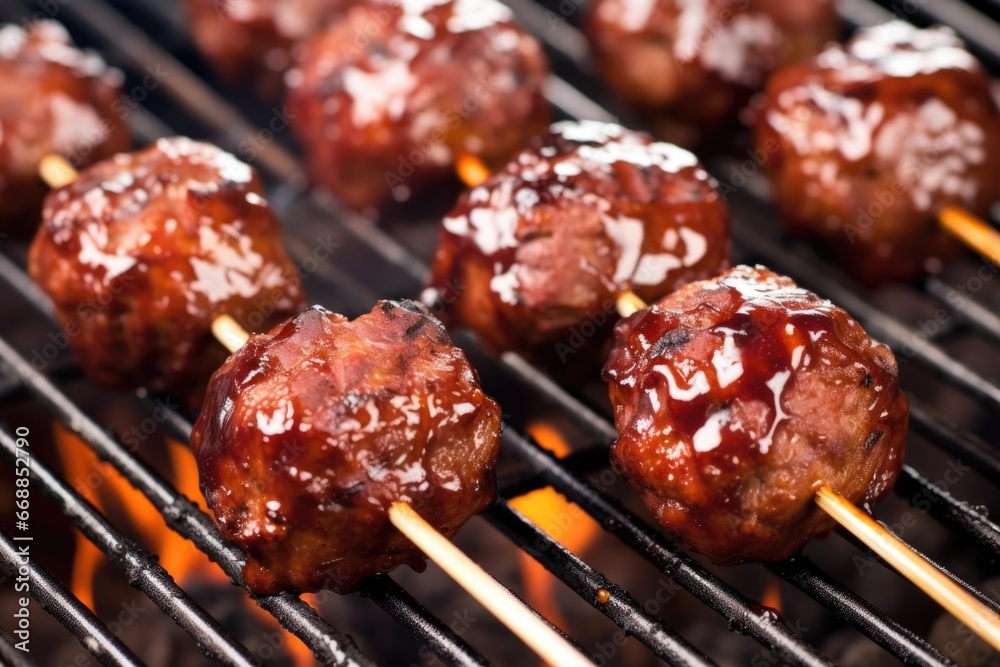 macro shot of bbq meatball skewers showing grill marks