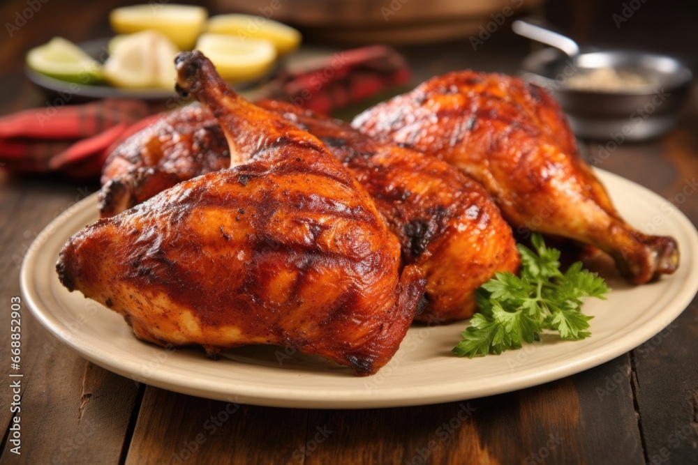 bbq chicken leg quarters with grill marks on a dish bbq chicken leg quarters with grill marks on a dish