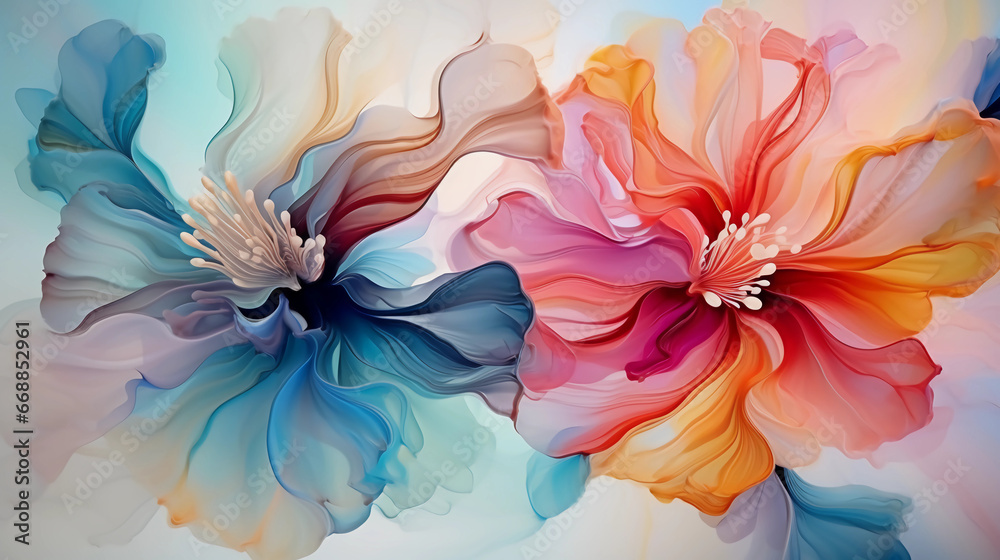 Fluid abstract expressionism, blooming flowers, Aesthetics colorful floral inspirational tenderness illustration, oil paint, Wall decoration photo, Generated AI.