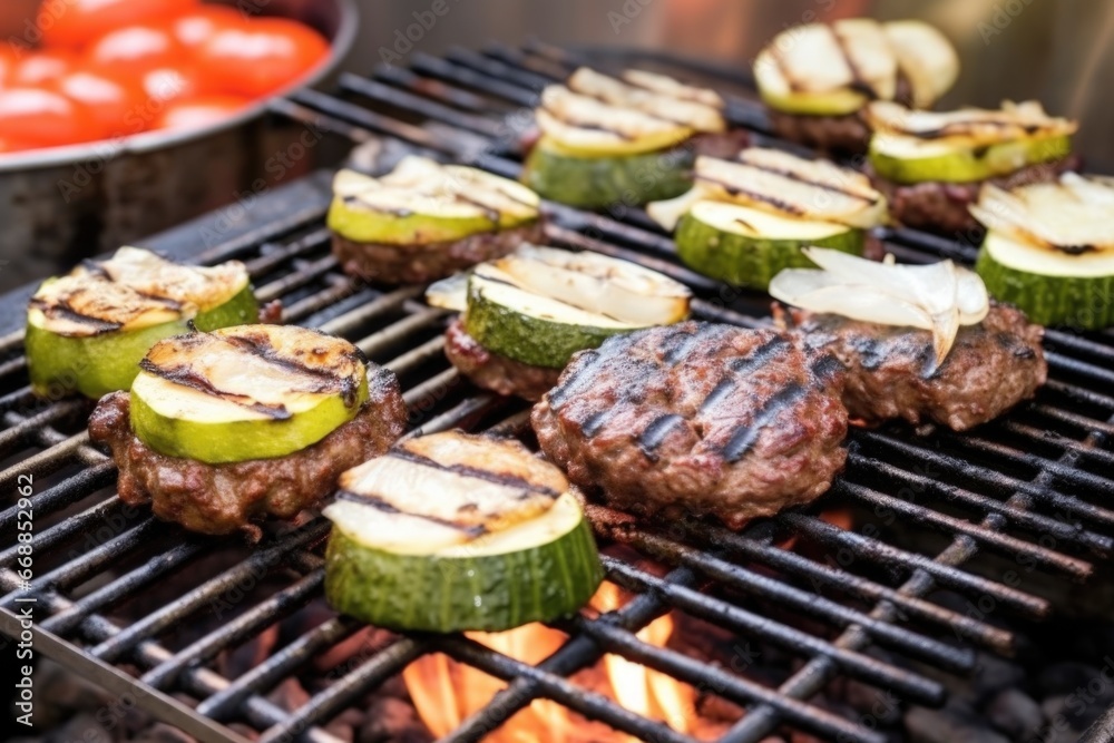 freshly grilled burgers on a grill with pickles freshly grilled burgers on a grill with pickles