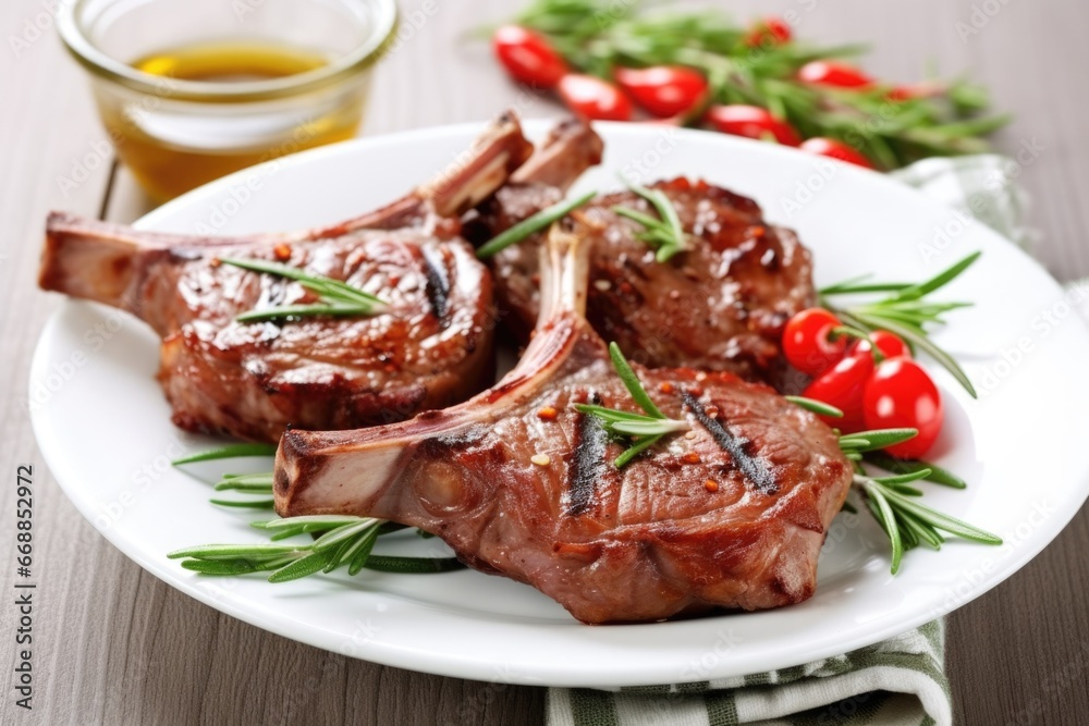 bbq lamb chops on a white dish with rosemary garnish bbq lamb chops on a white dish with rosemary garnish