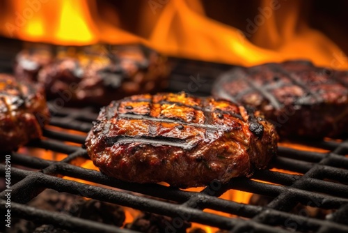 bbq burger patties on a flaming grill